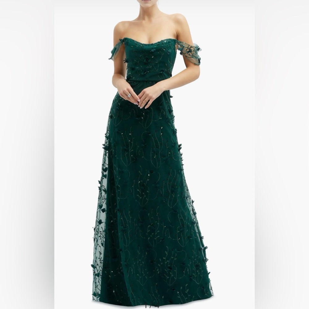 NWOT Dessy Collection Green 3D Embroidered Off-Shoulder Gown, Size 2